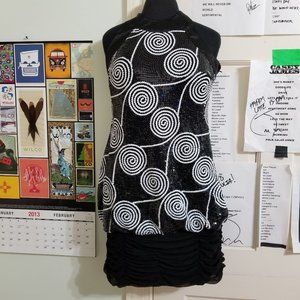 Cache dress 6 sequin spiral polka dot swirl bedazzled tie neck halter party VTG